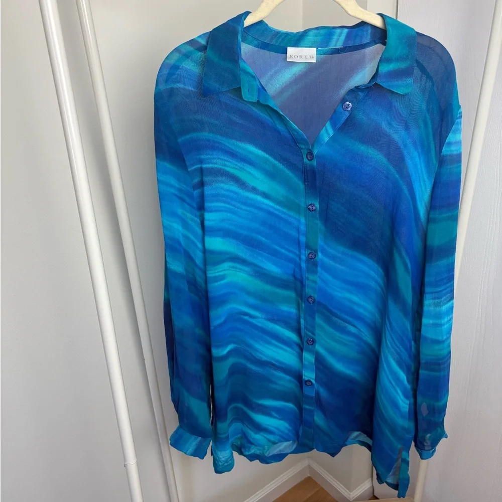 Vibrant Blue and Green Sheer Button-Up - Picture 1 of 5